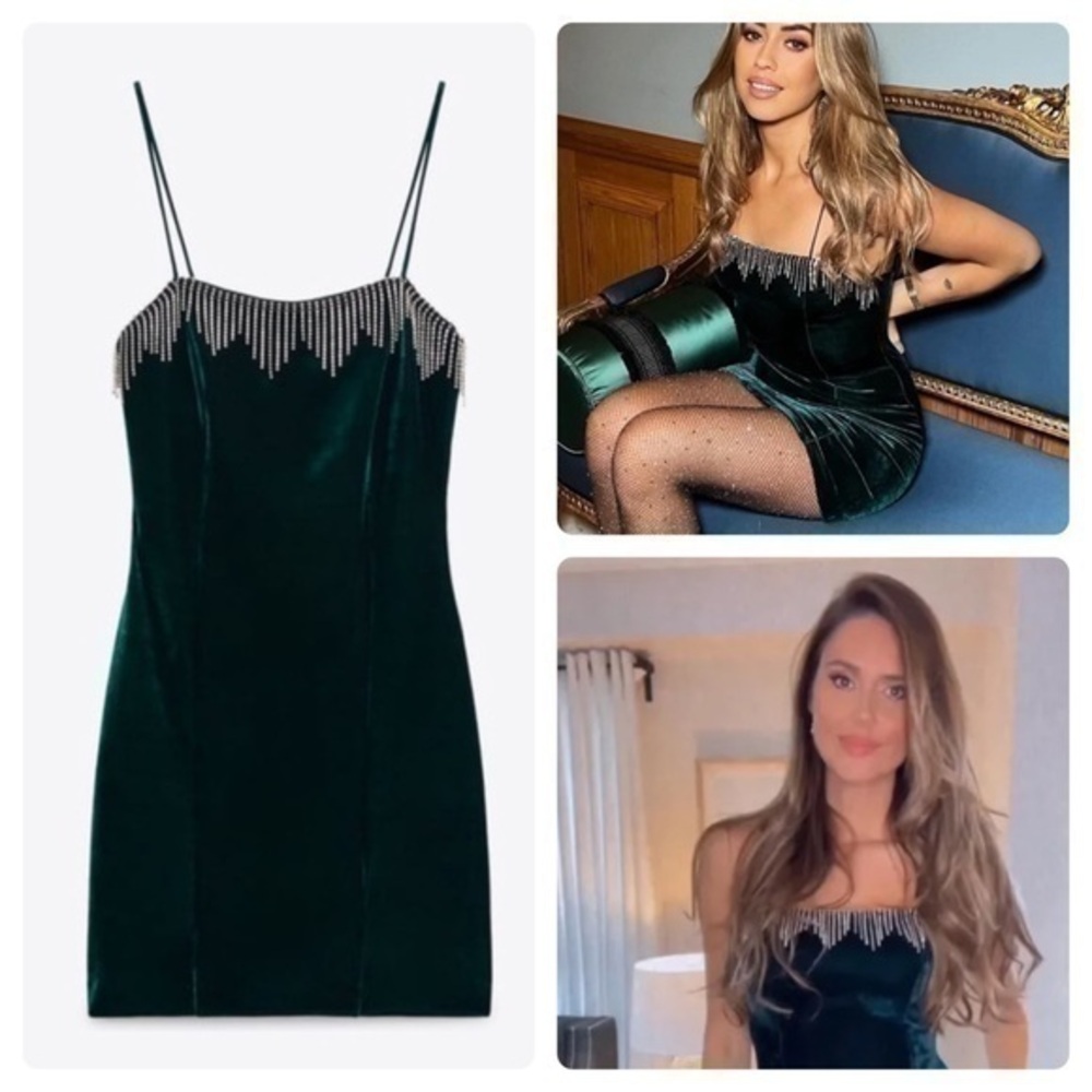 Zara NWT rhinestone fringe velvet mini dress green